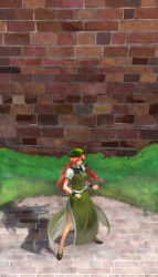 Rule 34 | 1girl, beret, bow, braid, breasts, brick wall, female focus, hair bow, hat, highres, hong meiling, long hair, nature, no socks, outdoors, plant, red hair, shadow, side slit, skirt, solo, touhou, twin braids, unco (pixiv457393), wall, wristband
