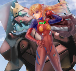 Rule 34 | 1girl, blue eyes, bodysuit, breasts, brown hair, eva 02, evangelion: 3.0 you can (not) redo, eyepatch, floating hair, hair ornament, hairpods, highres, interface headset, long hair, looking at viewer, makka na kedamono, mecha, neon genesis evangelion, open mouth, plugsuit, rebuild of evangelion, red bodysuit, robot, shiny clothes, skin tight, sky, souryuu asuka langley, wide hips