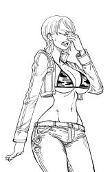 Rule 34 | 1girl, bb (baalbuddy), bikini, bikini top only, breasts, cleavage, closed eyes, curvy, denim, facepalm, female focus, highres, jacket, jeans, large breasts, legs, midriff, monochrome, nami (one piece), navel, one piece, open clothes, open jacket, open mouth, pants, short hair, solo, stomach, swimsuit, thighs, underboob