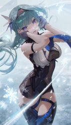 Rule 34 | 1girl, absurdres, bare shoulders, black gloves, black hairband, blue eyes, blue hair, blue necktie, boots, breasts, commentary, covered navel, eula (genshin impact), floating hair, genshin impact, gloves, hair ornament, hairband, hand up, highres, large breasts, long hair, looking at viewer, necktie, parted lips, rhtkd, snowflakes, solo, standing, symbol-only commentary, thigh boots