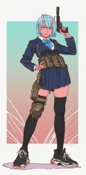 Rule 34 | 1girl, black footwear, black thighhighs, blue bow, blue hair, blue neckwear, bow, closed mouth, colored skin, dated, earrings, fingernails, gun, hand on own hip, handa shuuhei, highres, holding, holding gun, holding weapon, horns, jewelry, knee pads, long fingernails, oni, original, pouch, red skin, shoes, short hair, signature, single horn, skindentation, skirt, smile, sneakers, solo, standing, suppressor, thighhighs, weapon, yellow eyes