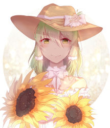 Rule 34 | 1girl, bare shoulders, dress, flower, flower ornament, green hair, hair ornament, hat, highres, lingmuqianyi, looking at viewer, new orleans (warship girls r), short hair, smile, sunflower, sunlight, upper body, warship girls r, white dress, yellow eyes