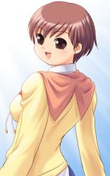 Rule 34 | 1girl, blush, breasts, brown eyes, brown hair, from behind, gradient background, looking at viewer, looking back, matching hair/eyes, medium breasts, morisaki ruri, open mouth, shirt, short hair, simple background, smile, solo, tanuki gakuen, true love story, yellow shirt