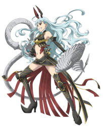 Rule 34 | 00s, 1girl, aliasse, blue hair, boots, crop top, detached sleeves, elbow gloves, female focus, gloves, grin, high heels, honjou raita, horns, long hair, lowres, midriff, official art, red eyes, senjou no valkyria, senjou no valkyria (series), senjou no valkyria 2, shield, shoes, silver hair, simple background, skirt, smile, solo, thigh boots, thighhighs, turtleneck, very long hair, whip, zettai ryouiki