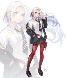 Rule 34 | 1girl, absurdres, black footwear, black jacket, black necktie, black skirt, da-cart, edelgard von hresvelg, fire emblem, fire emblem: three houses, forehead, full body, hand in pocket, head tilt, highres, jacket, loafers, long hair, looking at viewer, miniskirt, necktie, nintendo, off shoulder, open clothes, open jacket, pantyhose, pleated skirt, pouch, purple eyes, red pantyhose, shirt, shoes, silver hair, simple background, skirt, solo, standing, torn clothes, very long hair, white background, white shirt, zoom layer