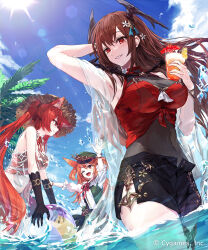 Rule 34 | 3girls, animal ear fluff, animal ears, arm behind head, armpits, ball, beachball, black gloves, black shorts, bracelet, breasts, brown hair, cerberus (shingeki no bahamut), charon (shadowverse), closed mouth, company name, covered navel, criss-cross halter, day, drink, elbow gloves, fang, flower, frilled shirt, frills, gloves, green headwear, green skirt, hair flower, hair ornament, halterneck, hat, head wings, highres, holding, holding ball, holding beachball, holding drink, jewelry, large breasts, lens flare, leotard, long hair, looking at another, looking at viewer, makihitsuji, medium breasts, multiple girls, ocean, official art, open mouth, orange hair, orthrus (shadowverse), outdoors, peaked cap, petite, red eyes, red hair, red ribbon, red shirt, ribbon, see-through, see-through leotard, see-through shawl, see-through shirt, shadowverse, shawl, shirt, shorts, siblings, sisters, skin fang, skirt, smile, splashing, straw hat, teeth, thigh strap, tied shirt, twintails, very long hair, wading, water, white shirt, wings