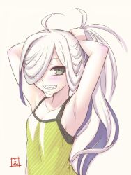 Rule 34 | 1girl, armpits, arms behind head, arms up, asashimo (kancolle), blush, bunching hair, camisole, ebifly, green camisole, green eyes, grin, hair over one eye, kantai collection, looking at viewer, one eye covered, ponytail, revision, sharp teeth, signature, simple background, smile, solo, teeth, upper body, white background, white hair