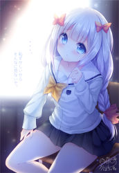 Rule 34 | ..., 10s, 1girl, :&lt;, alternate hairstyle, backlighting, black skirt, blue eyes, blush, bow, bowtie, braid, buttons, chair, closed mouth, collarbone, commentary request, eromanga sensei, hair bow, hand on own thigh, head tilt, holding, holding hair, indoors, izumi sagiri, kabocha usagi, long hair, long sleeves, looking at viewer, low-tied long hair, pink bow, pleated skirt, school uniform, serafuku, signature, silver hair, single braid, sitting, skirt, sleeves past wrists, solo, sunlight, yellow bow, yellow bowtie