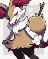 Rule 34 | 1girl, animal ear fluff, animal ears, animal nose, artist name, black fur, body fur, border, braixen, creatures (company), dutch angle, fang, female focus, flat chest, fox ears, fox girl, fox tail, furry, furry female, game freak, gen 6 pokemon, grey background, half-closed eyes, happy, heart, highres, looking at viewer, multicolored fur, neck fur, nintendo, open mouth, outside border, pokemon, pokemon (creature), reaching, reaching towards viewer, red eyes, riru maru08, signature, simple background, skin fang, smile, snout, solo, stick, tail, twitter username, white border, white fur, yellow fur