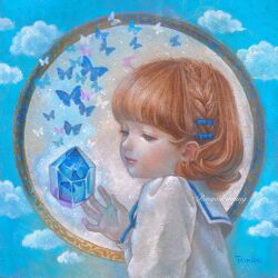 Rule 34 | 1girl, blue bow, blue butterfly, blue eyes, blue gemstone, blue sky, blunt bangs, bow, braid, bug, butterfly, child, cloud, commentary request, gem, hair bow, highres, insect, looking at object, oil painting (medium), orange hair, original, painting (medium), portrait, ringodrawing, sailor collar, shirt, short hair, sky, smile, solo, traditional media, white sailor collar, white shirt