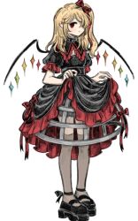 Rule 34 | 1girl, alternate costume, black dress, black footwear, black ribbon, blonde hair, closed mouth, clothes lift, commentary, crinoline, dress, dress lift, dress ribbon, english commentary, flandre scarlet, frilled dress, frills, full body, gothic lolita, grey thighhighs, hair over one eye, hair ribbon, highres, lolita fashion, long hair, mary janes, one side up, platform footwear, pointy ears, puffy short sleeves, puffy sleeves, red eyes, ribbon, shoes, short sleeves, simple background, susu (mikufanclub), thighhighs, touhou, white background, wings