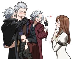 Rule 34 | 1girl, 3boys, black gloves, blue eyes, blush, brown hair, carrying, carrying person, closed eyes, coat, devil may cry (series), devil may cry 5, dress, fingerless gloves, gloves, highres, holding, kyrie, long hair, male focus, multiple boys, nero (devil may cry), open mouth, short hair, simple background, smile, vergil (devil may cry), white background, white hair, wuliu heihuo
