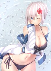 Rule 34 | 10s, 1girl, ;), bikini, black bikini, black ribbon, blue eyes, blush, breasts, cleavage, collarbone, cowboy shot, flower, hair flower, hair ornament, hamakaze (kancolle), hand on own cheek, hand on own face, highres, kantai collection, large breasts, long sleeves, maosame, navel, no pants, off shoulder, one eye closed, open clothes, open shirt, ribbon, school uniform, serafuku, shirt, short hair, side-tie bikini bottom, silver hair, sleeves past wrists, smile, solo, sparkle, standing, stomach, swimsuit, water, water drop