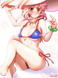 Rule 34 | 10s, 1girl, :&lt;, bikini, blue bikini, blush, breasts, cleavage, fate/extra, fate (series), hat, large breasts, long hair, looking at viewer, navel, pink hair, solo, swimsuit, tamamo (fate), tamamo no mae (fate/extra), tamamo no mae (swimsuit lancer) (fate), tamamo no mae (swimsuit lancer) (third ascension) (fate), white hat, yellow eyes