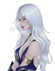 Rule 34 | 1girl, armlet, artelsia, artist name, ashe (league of legends), bare shoulders, blue dress, blue eyes, breasts, cleavage, collarbone, detached sleeves, dress, from side, grey hair, highres, large breasts, league of legends, long hair, parted lips, simple background, sleeveless, sleeveless dress, solo, teeth, upper body, white background