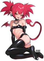 Rule 34 | 1girl, arm belt, ass, bare shoulders, belt, black thighhighs, choker, commentary request, demon girl, demon tail, demon wings, disgaea, earrings, elbow gloves, etna (disgaea), feet, flat chest, gloves, highres, jewelry, legs, looking at viewer, microskirt, nanja, navel, no shoes, panties, pointy ears, red eyes, red hair, short twintails, shorts, simple background, sitting, skindentation, skirt, skull earrings, slit pupils, smile, soles, solo, tail, thighhighs, toes, tongue, tongue out, twintails, underwear, white panties, wings