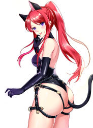 Rule 34 | 1girl, absurdres, animal ears, ass, back, bare shoulders, blush, bondage outfit, breasts, buckle, cat ears, cat tail, choker, cowboy shot, elbow gloves, from behind, gloves, hand up, harness, head tilt, high ponytail, highres, huge ass, kittysuit, leotard, licking, licking finger, long hair, looking at viewer, looking back, medium breasts, nontraditional playboy bunny, original, parted bangs, ponytail, purple eyes, red hair, ruan tao, shiny clothes, shiny skin, shoulder blades, sidelocks, simple background, skindentation, solo, tail, thong leotard, tongue, tongue out, twisted torso