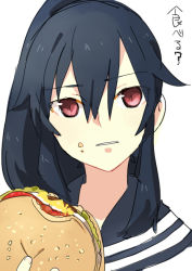 Rule 34 | 10s, 1girl, black hair, burger, female focus, food, food on face, hair between eyes, kantai collection, ponytail, red eyes, solo, upper body, white background, yahagi (kancolle), yomosaka