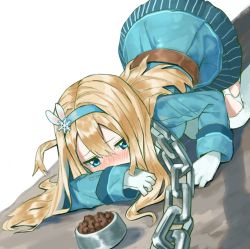 Rule 34 | 1girl, all fours, animal collar, belt, blue eyes, blush, bowl, chain, chained, collar, girls&#039; frontline, gloves, hair between eyes, highres, long hair, pet bowl, pet food, pocari (sq551), skirt, suomi (girls&#039; frontline), torn clothes, torn legwear
