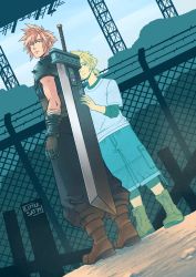 Rule 34 | 2boys, absurdres, aged down, armor, baggy pants, bandaged arm, bandages, barbed wire, belt, black shirt, blonde hair, blue eyes, blue shorts, boots, brown footwear, brown gloves, buster sword, chain-link fence, child, cloud strife, dual persona, earrings, fence, final fantasy, final fantasy vii, final fantasy vii remake, full body, gloves, highres, jewelry, littlesat, looking back, low ponytail, male focus, materia, multiple belts, multiple boys, outdoors, pants, scaffolding, shirt, shirt under shirt, short hair, shorts, shoulder armor, single earring, sleeveless, sleeveless turtleneck, spiked hair, standing, t-shirt, toned, toned male, turtleneck, weapon, weapon on back, white shirt