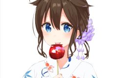 Rule 34 | 1girl, blue eyes, brown hair, candy apple, commentary request, food, hair between eyes, hair flaps, japanese clothes, kantai collection, kimono, licking, looking at viewer, portrait, shigure (kancolle), shigure kai ni (kancolle), simple background, solo, white background, yamamura umi, yukata