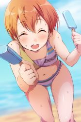 Rule 34 | 1girl, :d, ^ ^, beach, bikini, blurry, blurry background, blush, closed eyes, day, closed eyes, facing viewer, food, highres, holding, holding food, hoshizora rin, incoming food, leaning forward, love live!, love live! school idol festival, love live! school idol project, navel, open mouth, orange hair, outdoors, popsicle, sen (sen0910), short hair, smile, solo, sweat, swimsuit