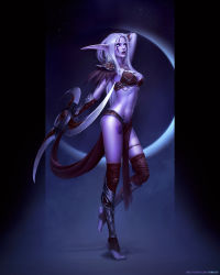 Rule 34 | 1girl, abs, absurdres, armor, artstation username, bra, breasts, cleavage, colored skin, elbow gloves, elf, facial tattoo, fanfoxy, gloves, highres, holding, holding weapon, kneehighs, large breasts, long hair, navel, night elf, pointy ears, purple skin, red bra, red lips, red socks, sanuri (warcraft), shoulder armor, socks, stomach, tattoo, underwear, warcraft, weapon, white hair, world of warcraft