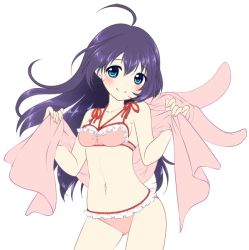 10s 1girl antenna_hair bikini blue_eyes breasts female_focus frilled_bikini frills idolmaster idolmaster_million_live! long_hair matsunami_rumi mochizuki_anna navel purple_hair simple_background small_breasts smile solo swimsuit white_background