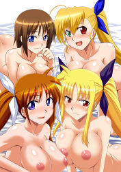 Rule 34 | 00s, 10s, 4girls, :3, blonde hair, blue eyes, breasts, brown hair, fate testarossa, green eyes, heterochromia, large breasts, long hair, lyrical nanoha, mahou shoujo lyrical nanoha, mahou shoujo lyrical nanoha strikers, mahou shoujo lyrical nanoha vivid, multiple girls, nipples, nude, aged up, open mouth, red eyes, short hair, side ponytail, smile, takamachi nanoha, twintails, very long hair, vivio, yagami hayate, zerosu (take out)