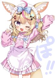 Rule 34 | 1girl, :d, animal ear fluff, animal ears, apron, arm up, blonde hair, blue bow, blush, bow, cowboy shot, fox ears, fox girl, fox tail, frilled apron, frilled skirt, frills, hair between eyes, hair bow, hair ornament, highres, hololive, jacket, jersey maid, long sleeves, looking at viewer, maid, maid headdress, name tag, noi mine, omaru polka, one eye closed, open mouth, pink jacket, pink skirt, pleated skirt, puffy long sleeves, puffy sleeves, purple eyes, raised eyebrows, sidelocks, simple background, skirt, sleeve cuffs, sleeves past wrists, smile, solo, striped clothes, striped jacket, tail, track jacket, unconventional maid, virtual youtuber, waist apron, white apron, white background, x hair ornament, zipper