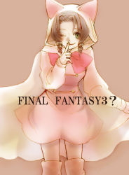 Rule 34 | 1girl, 2000s (style), aerith gainsborough, alternate costume, animal hood, boots, brown background, brown hair, cape, cat hood, curly hair, dress, final fantasy, final fantasy vii, finger to mouth, green eyes, hood, lowres, one eye closed, pink dress, ringlets, smile, solo, square enix, tomo (552252), white cape, wink