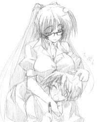 Rule 34 | 00s, 10mo, 1boy, 1girl, blush, breast rest, breasts, breasts on head, glasses, greyscale, holding, kouno takaaki, kousaka tamaki, large breasts, long hair, mechanical pencil, monochrome, one eye closed, open mouth, pencil, short hair, simple background, sketch, smile, tears, to heart (series), to heart 2, traditional media, very long hair, white background, wink