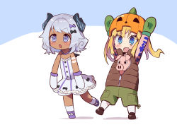 Rule 34 | 2girls, :o, absurdres, amaryllis gumi, animal, arms up, black bow, blonde hair, blue background, blue eyes, blush, bow, brown footwear, brown jacket, character request, chibi, curled horns, dark skin, dark-skinned female, dress, fang, green mittens, green shorts, hair bow, highres, horns, jacket, kotohara hinari, long hair, mittens, multiple girls, open mouth, pantyhose, pig, pumpkin hat, purple bow, purple eyes, purple footwear, shadow, shoes, short shorts, shorts, silver hair, sleeveless, sleeveless jacket, socks, standing, standing on one leg, strapless, strapless dress, tama (tama-s), twintails, two-tone background, v-shaped eyebrows, virtual youtuber, white background, white dress, white legwear, white mittens