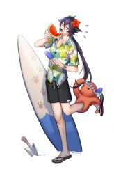Rule 34 | 1boy, absurdres, artist name, bad id, bad pixiv id, black hair, black male swimwear, black swim trunks, bracelet, collarbone, day, drawstring, eating, fangs, floral print, food, fruit, full body, hair between eyes, hand up, highres, holding, holding food, holding fruit, jewelry, kylooe 0, long hair, low ponytail, male focus, male swimwear, octopus, open mouth, original, ponytail, popsicle, sandals, shirt, simple background, solo, spiked hair, standing, standing on one leg, summer, surfboard, swim trunks, swimsuit, trowel, very long hair, watermelon, white background, yellow eyes