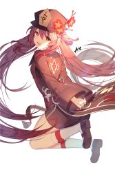 Rule 34 | 1girl, aile (crossroads), black coat, black hat, black shorts, blush, breasts, brown hair, coat, coattails, commentary request, flower, full body, genshin impact, hat, hat flower, highres, hu tao (genshin impact), kneehighs, long hair, long sleeves, looking at viewer, looking back, open mouth, plum blossoms, red eyes, shorts, simple background, small breasts, smile, socks, solo, symbol-shaped pupils, thighs, twintails, very long hair, white background, white socks