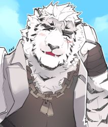 Rule 34 | 1boy, animal ears, arknights, bad id, bad twitter id, bandaged hand, bandages, black tank top, blush, chain, chain necklace, dog tags, fangs, furry, furry male, highres, jacket, jacket on shoulders, jewelry, male focus, mountain (arknights), necklace, pectorals, sak (sakarov ), salute, scar, scar across eye, scar on face, short hair, sky, solo, tank top, thick eyebrows, tiger boy, tiger ears, two-finger salute, upper body, white fur, white hair