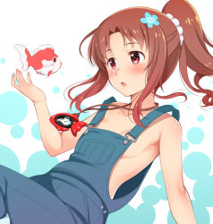 Rule 34 | 1girl, blush, breasts, brown hair, collarbone, fish, galilei donna, hair ornament, honda naoki, hozuki ferrari, jewelry, naked overalls, necklace, no bra, overalls, ponytail, red eyes, scrunchie, short hair, small breasts, solo
