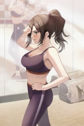Rule 34 | 1girl, arm up, bag, bare arms, bare shoulders, black pants, black sports bra, blush, breasts, brown eyes, brown hair, cleavage, commentary request, cowboy shot, duffel bag, hand on own hip, highres, idolmaster, idolmaster cinderella girls, indoors, large breasts, long hair, mirror, mukai takumi, open mouth, pants, ponytail, reflection, shangzi, sideways glance, solo, sparkle, sports bra, v-shaped eyebrows, wiping sweat, yoga pants