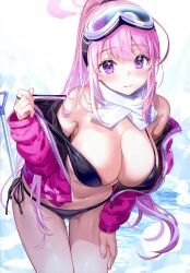 Rule 34 | 1girl, absurdres, bare shoulders, bikini, blue archive, blush, breasts, cleavage, closed mouth, eimi (blue archive), eimi (swimsuit) (blue archive), fingernails, floating, floating object, fujima takuya, goggles, goggles on head, halo, highres, jacket, large breasts, leaning forward, long hair, looking at viewer, navel, official alternate costume, open clothes, open jacket, pink hair, ponytail, pulling own clothes, purple eyes, scan, scarf, shiny skin, side-tie bikini bottom, sidelocks, smile, solo, stomach, swimsuit, thighs, zipper, zipper pull tab