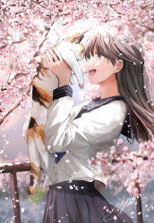 Rule 34 | 1girl, animal, blurry, blurry background, blurry foreground, brown eyes, brown hair, calico, cat, cherry blossoms, commentary request, cowboy shot, day, depth of field, falling petals, flower, from side, grey sailor collar, grey skirt, half updo, hands up, highres, holding, holding animal, holding cat, long hair, long sleeves, looking at animal, open mouth, original, outdoors, petals, pink flower, pleated skirt, railing, sailor collar, sailor shirt, school uniform, serafuku, shirt, sideways mouth, signature, skirt, solo, soragane (banisinngurei), spring (season), standing, straight hair, white shirt