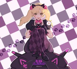 Rule 34 | 1girl, :3, alternate costume, alternate hair color, alternate hairstyle, animal ears, artist name, black cat d.va, black dress, black pantyhose, blonde hair, cat, cat ears, character name, checkered background, checkered clothes, checkered legwear, d.va (overwatch), dress, facial mark, fake animal ears, gothic lolita, imjayu, lolita fashion, looking at viewer, meka (overwatch), official alternate costume, overwatch, overwatch 1, pantyhose, paw print, purple theme, sitting, tongue, tongue out, twintails, whisker markings