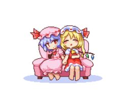 Rule 34 | 2girls, ascot, barefoot, blonde hair, blue hair, blush stickers, closed eyes, couch, flandre scarlet, frilled skirt, frills, hat, holding hands, kumamoto (bbtonhk2), lowres, multiple girls, open mouth, pink hat, pink shirt, pink skirt, pixel art, puffy short sleeves, puffy sleeves, red ascot, red eyes, red skirt, red vest, remilia scarlet, shirt, short sleeves, siblings, side ponytail, simple background, sisters, sitting, skirt, sleeping, smile, touhou, vest, white background, white hat, wings, yellow ascot