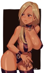 Rule 34 | 1girl, bikini, border, breasts, brown background, choker, cleavage, cowboy shot, hair over shoulder, highres, kinuko (kinucakes), large breasts, leaning forward, light brown hair, lips, long hair, looking to the side, low-tied long hair, micro bikini, nail polish, o-ring, o-ring choker, original, outside border, purple bikini, purple nails, purple thighhighs, revealing clothes, sagging breasts, shiny skin, sideboob, skindentation, solo, standing, strap gap, swimsuit, thighhighs, thighs, white border, wrist cuffs