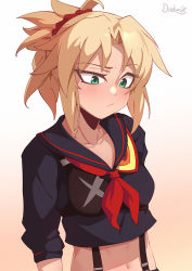 Rule 34 | 1girl, blonde hair, collarbone, cosplay, crop top, darahan, fate/apocrypha, fate (series), green eyes, kill la kill, matoi ryuuko, matoi ryuuko (cosplay), mordred (fate), mordred (fate/apocrypha), navel, ponytail, red scrunchie, scrunchie, trait connection