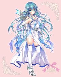 Rule 34 | 1girl, :o, aqua eyes, aqua hair, bare shoulders, blush, bracelet, breasts, cleavage, dress, elbow gloves, floral print, full body, gloves, high heels, holding, holding staff, jewelry, large breasts, long hair, looking at viewer, medium breasts, necklace, official art, original, over-kneehighs, pekopokox, quiz of walkure, solo, staff, thighhighs, very long hair, white dress, white gloves, white thighhighs
