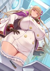 Rule 34 | 1girl, :&lt;, absurdres, black gloves, blonde hair, breasts, curvy, dress, dutch angle, gloves, grey eyes, hand on own hip, highres, huge breasts, jacket, jacket on shoulders, last origin, leona of blood &amp; iron, long hair, looking at viewer, looking down, military, military uniform, short dress, skindentation, solo, standing, thighhighs, uniform, white dress, white thighhighs, wide hips, wow (cor369)