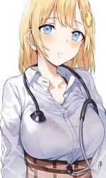 Rule 34 | 1girl, blonde hair, blue eyes, blush, breasts, brown skirt, collarbone, collared shirt, dress shirt, hair ornament, hews, highres, hololive, hololive english, large breasts, looking at viewer, parted lips, shirt, simple background, skirt, stethoscope, virtual youtuber, watson amelia, watson amelia (1st costume), white shirt
