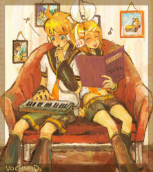 Rule 34 | blonde hair, blue eyes, cameo, den, detached sleeves, hair ornament, hairclip, hatsune miku, instrument, kagamine len, kagamine rin, kaito (vocaloid), kamui gakupo, keyboard (instrument), lowres, machine, meiko (vocaloid), melodica, ribbon, siblings, steamroller, twins, vocaloid