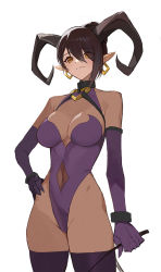 Rule 34 | 1girl, bracelet, brown hair, clothing cutout, collar, contrapposto, demon girl, earrings, elbow gloves, from below, gloves, halterneck, hand on own hip, highres, horns, jason kim, jewelry, looking at viewer, navel cutout, original, pointy ears, see-through, simple background, skin tight, solo, thighhighs, white background, yellow eyes