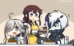 Rule 34 | 3girls, :d, abyssal ship, ahoge, apron, aqua bow, aqua bowtie, asashimo (kancolle), black sailor collar, bow, bowtie, braid, brown hair, commentary, curry, curry rice, dated, flying sweatdrops, food, gloves, hair over one eye, hamu koutarou, highres, holding, holding spoon, kantai collection, long hair, multiple girls, ne-class heavy cruiser, noshiro (kancolle), open mouth, rice, sailor collar, shirt, single braid, sitting, sleeveless, smile, spoon, thumbs up, v-shaped eyebrows, white gloves, white hair, white shirt, yellow apron